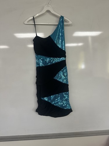 Black dress with blue sequins - dress,